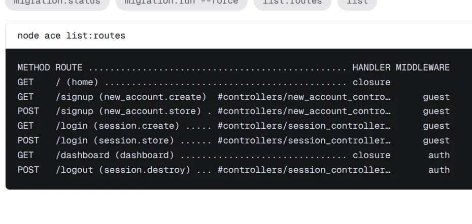node ace list:routes run from Studio in the production container