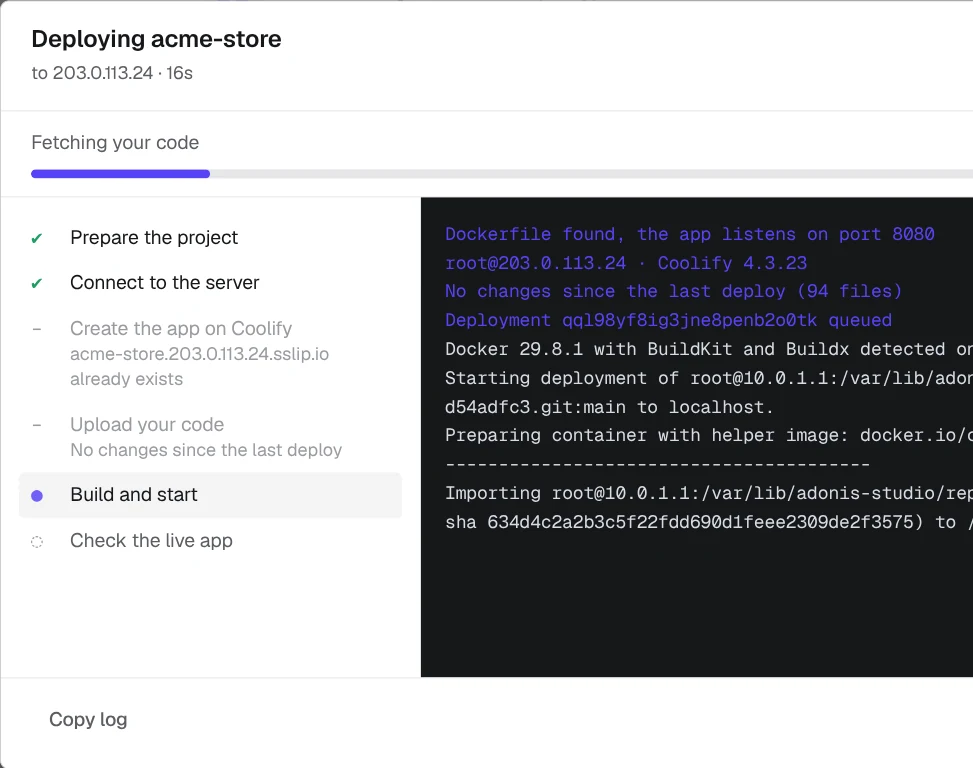 Studio deploying acme-store: steps on the left, Coolify's build log on the right
