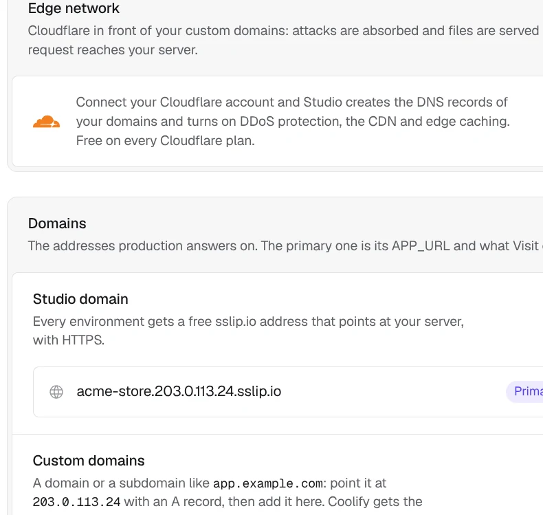 Studio's Domains settings with the Edge network card and the Studio domain