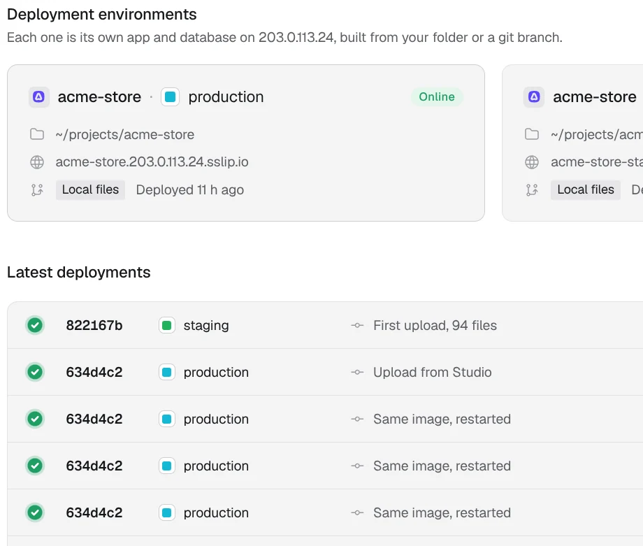 Deployment environments in Studio: production and staging, online, with the latest deployments