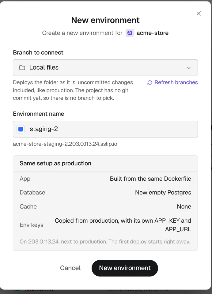 Studio's New environment dialog: branch, name, and what it copies from production