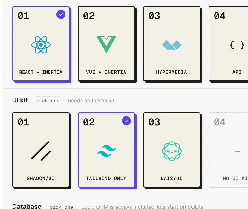 Studio's stack cards: React, Vue, Hypermedia, API; shadcn/ui, Tailwind, DaisyUI; six databases