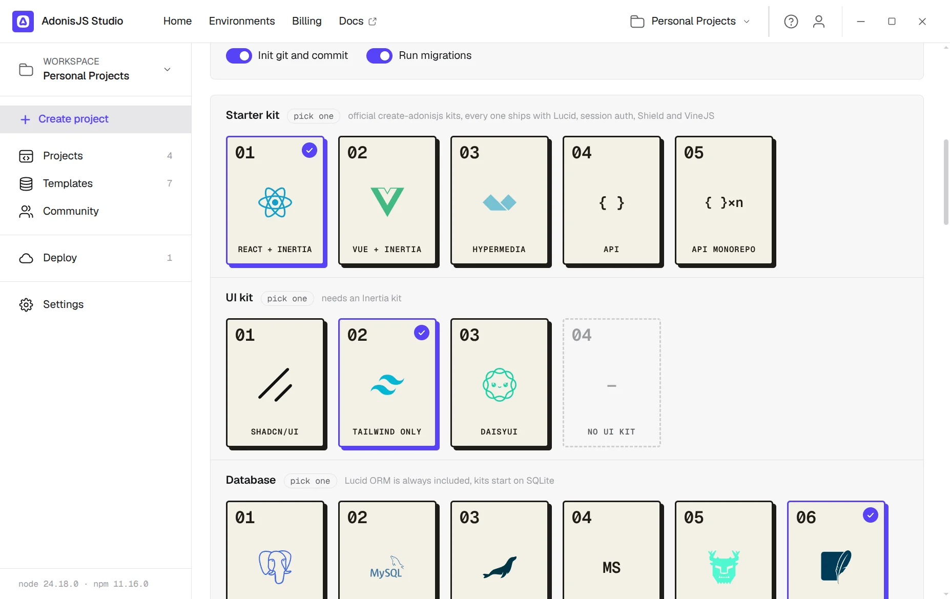 Studio's New project page: starter kits, UI kits and databases as cards